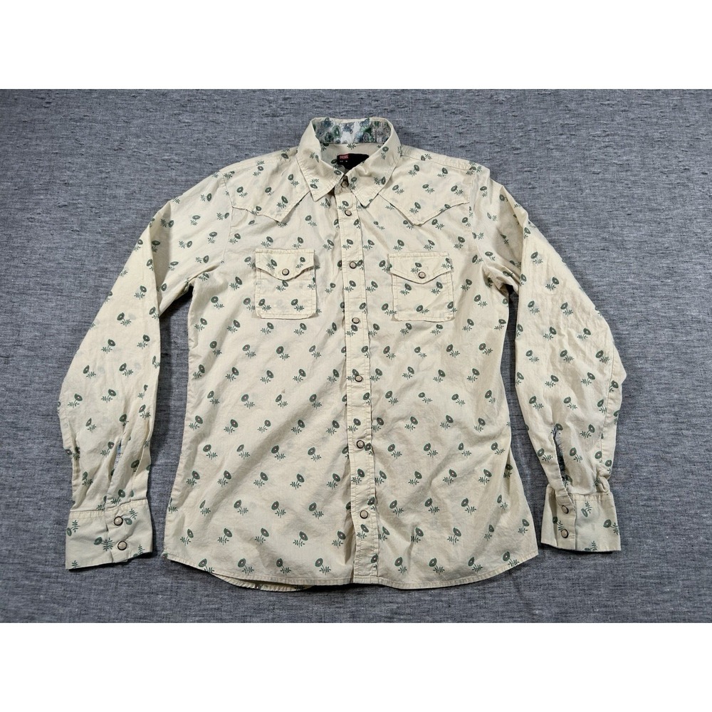 Diesel Pearl Snap Western Shirt Mens Medium Beige Flowers AOP Chest Pockets